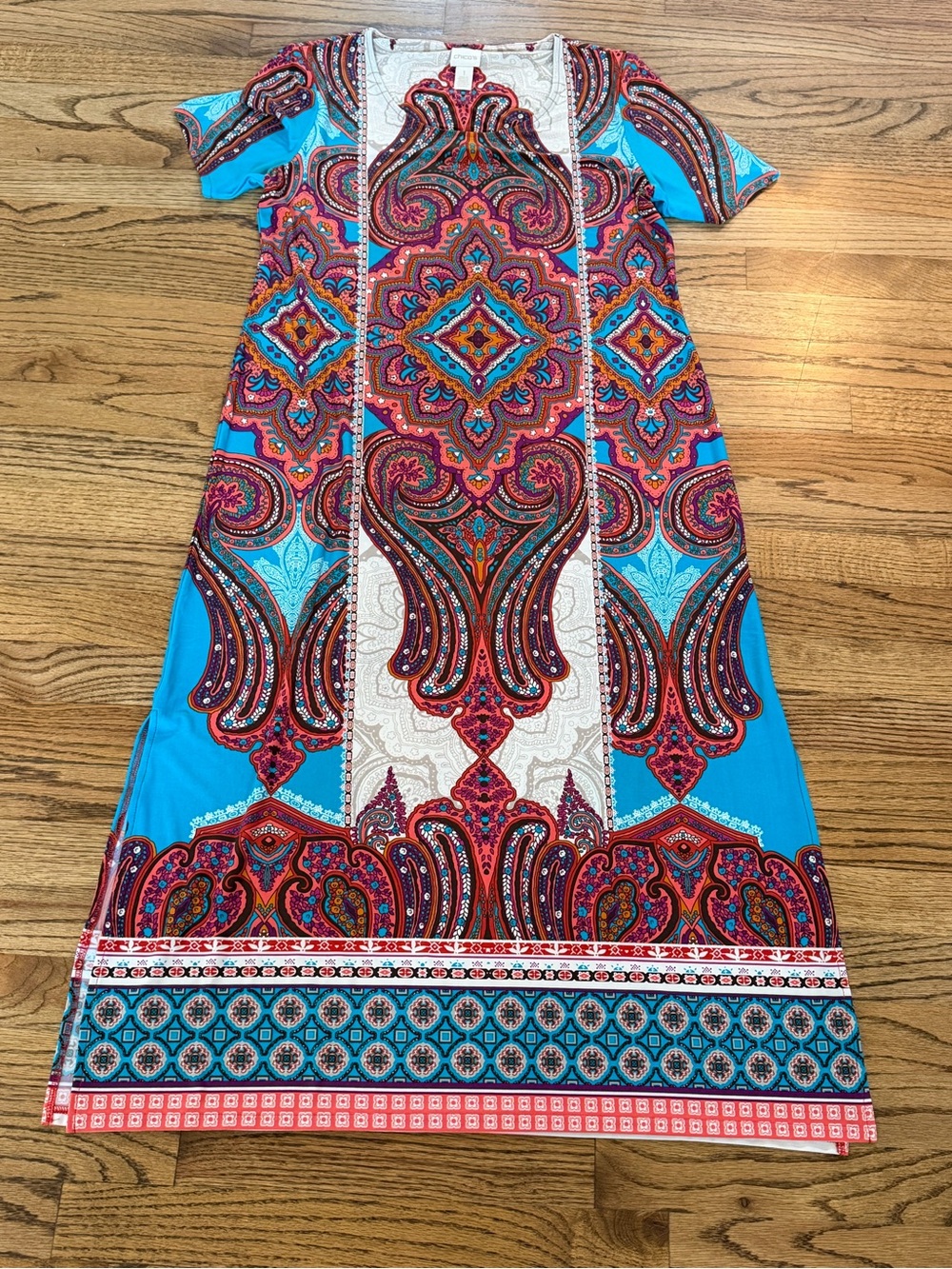 Chico's White Top with Red, Turquoise & Purple Medallion Print